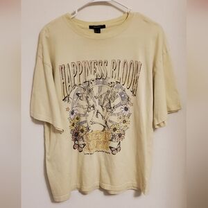 Forever 21 Happiness Bloom Cream Graphic T-Shirt with Skeleton Design Grunge